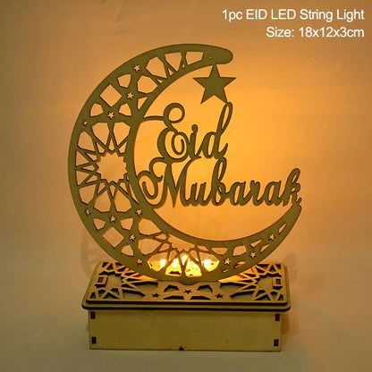 EID Mubarak Wooden Pendant With LED Candles Light Ramadan Decorations for Home Islamic Muslim Party Eid Decor Kareem Ramadan