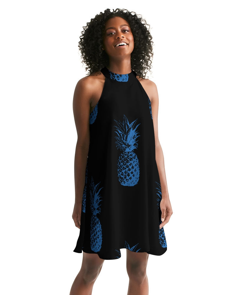 Women's Black Pineapple Casual Halter Dress