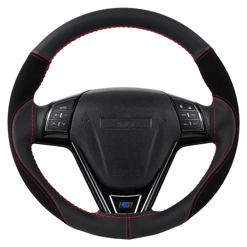 O SHI CAR 38cm DIY Steering Wheel Cover Wear-Resistant Soft PU + Suede Leather Car Steering-Wheel Braid With Needles Thread