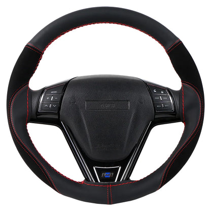 O SHI CAR 38cm DIY Steering Wheel Cover Wear-Resistant Soft PU + Suede Leather Car Steering-Wheel Braid With Needles Thread