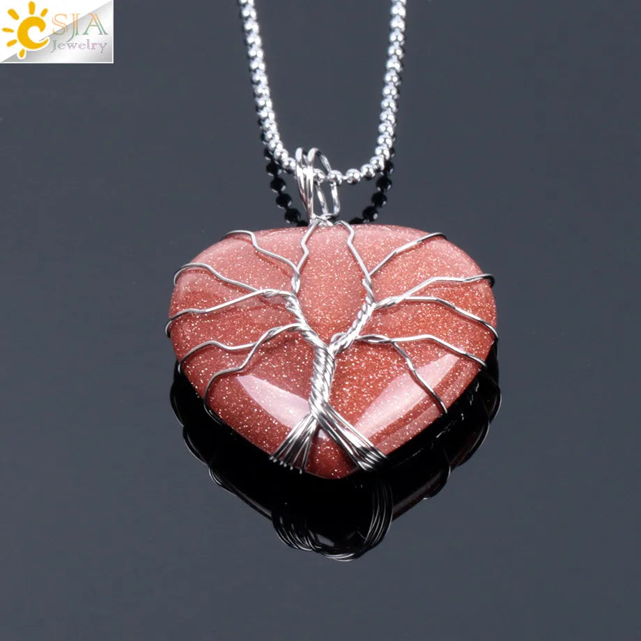 CSJA Tree of Life Wire Wrapped Love Heart Necklace & Pendant Suspension Natural Gem Stone Tiger Eye Pink Quartz Black Onyx F053