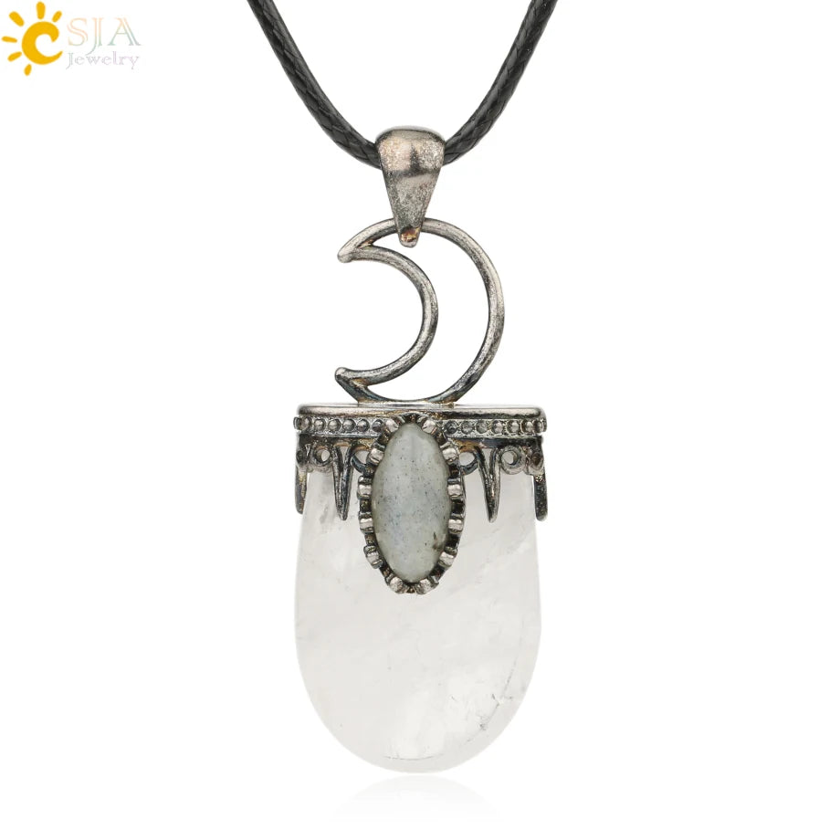 CSJA Natural Stone Crystal Pendants Necklace Antique Silver Color Purple Pink Quartz Necklace Jewelry Crown Moon Charm G274