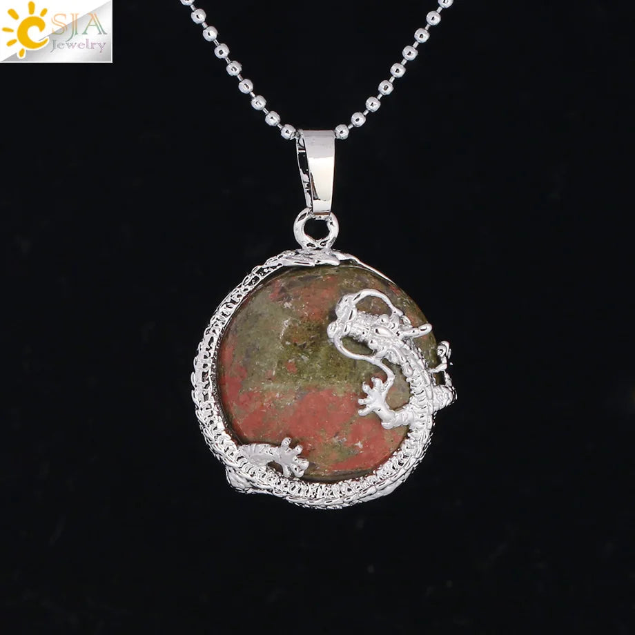 CSJA Necklaces Dragon Pendants Women Natural Stone Purple Crystal Pink Quartz Tiger Eye Lava Rock Flat Round Beads Fittings F304