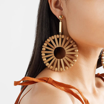 AENSOA Multiple 27 Style Korea Handmade Wooden Straw Weave Rattan Vine Braid Drop Earrings New Geometric Long Earrings