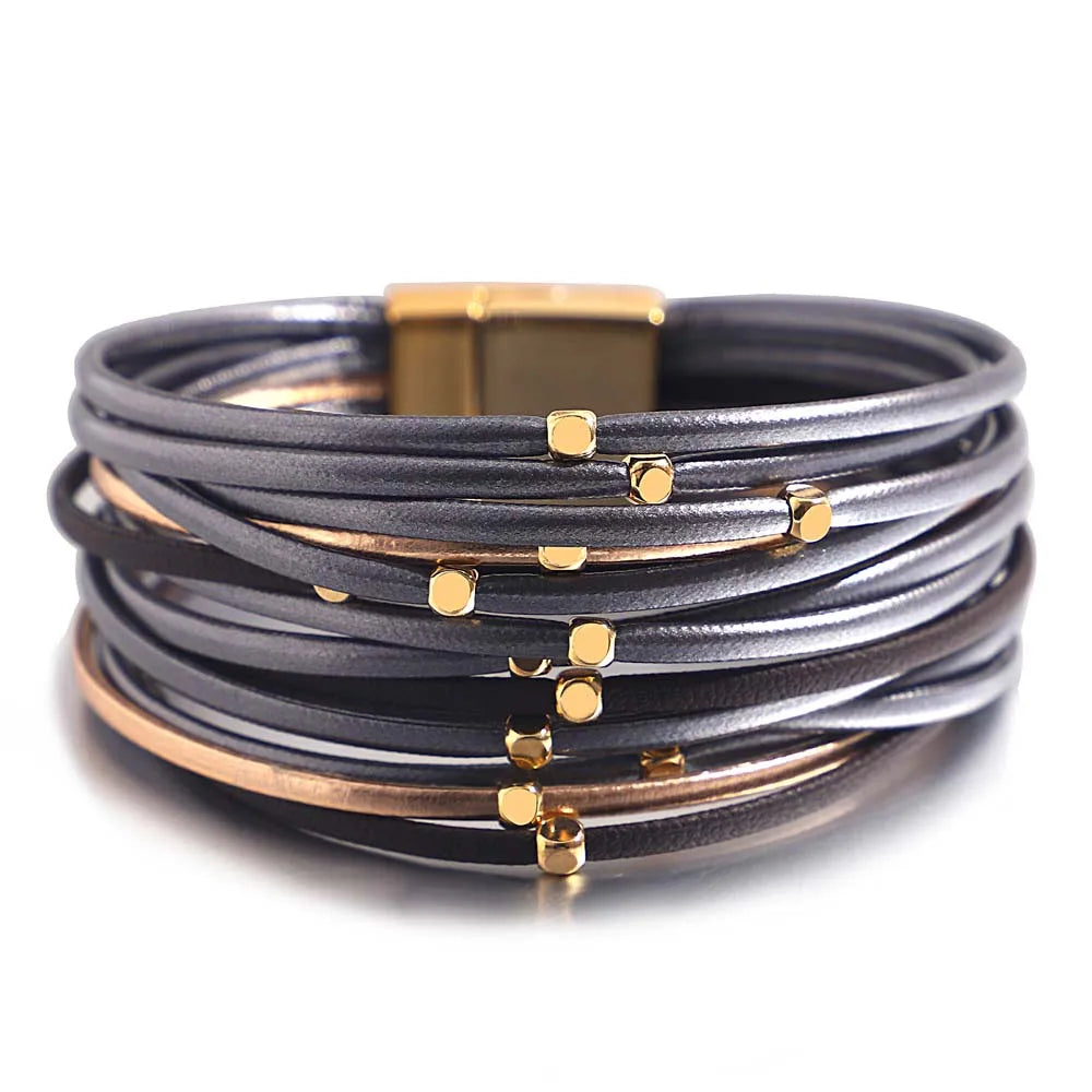 ALLYES Metal Beads Leather Bracelets for Women 2023 Slim Strips Boho Multilayer Wide Wrap Bracelet Femme Jewelry