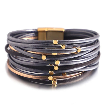 ALLYES Metal Beads Leather Bracelets for Women 2023 Slim Strips Boho Multilayer Wide Wrap Bracelet Femme Jewelry