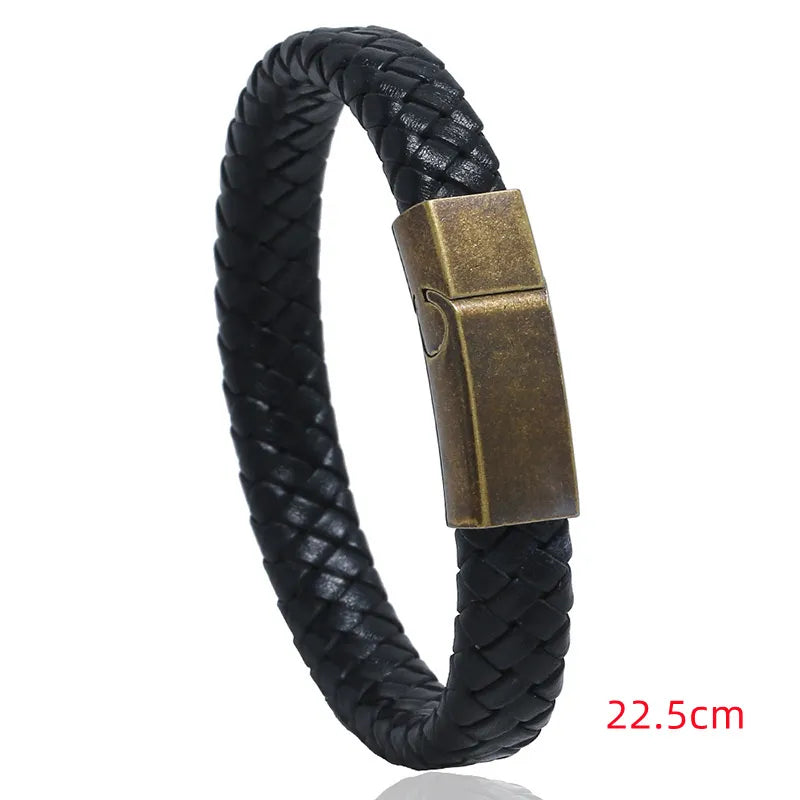 New Men Jewelry Punk Brown Braided Leather Bracelet for Men Stainless Steel Magnetic Clasp 20.5cm Bangles