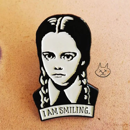 Adams Family Brooch I Am Smiling Wednesday Enamel Pin Hard Lapel Pins Figure Girl Broche Jewelry Accessories Punk Fun