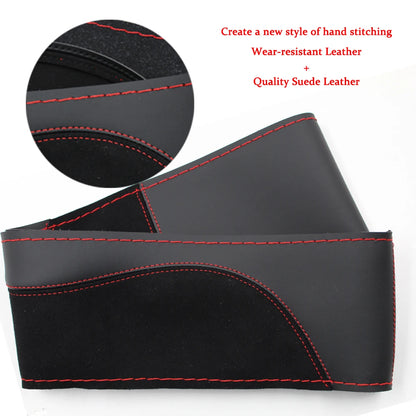O SHI CAR 38cm DIY Steering Wheel Cover Wear-Resistant Soft PU + Suede Leather Car Steering-Wheel Braid With Needles Thread