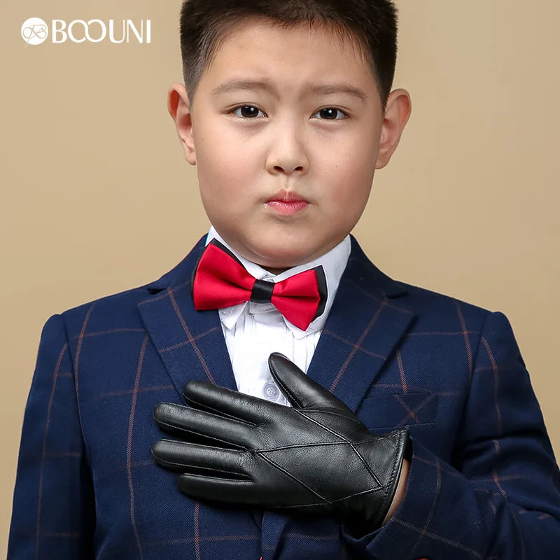 BOOUNI Leather Children Gloves Five Fingers Autumn Winter Warm Velvet Lined Kids Boys Sheepskin Gloves NM964