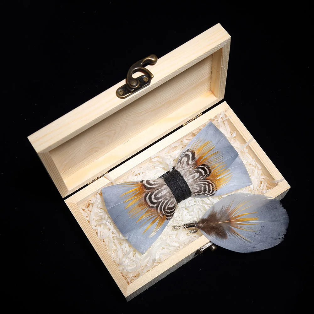 KAMBERFT Design Handmade Feather Bow Tie Brooch Wooden Box Set High Quality Men's Bowtie Leather Tie for Wedding Party Banquet