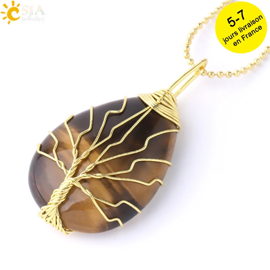 Tiger Eye Tree of Life Crystal Necklace Natural Stone Pendant Wire Wrap Rose Crystals Pink Quartz Amethyst Green Aventurine E585