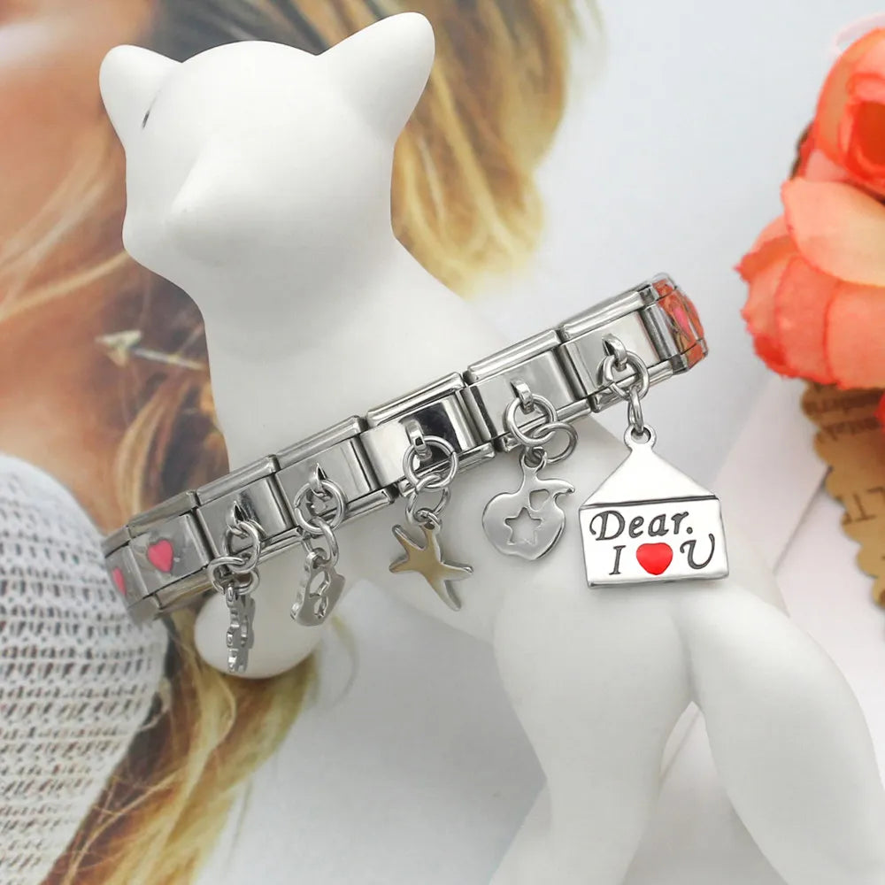Hapiship 9mm Width New Original Daisy I Love You Heart Flower Italian Charm Fit Bracelet Stainless Steel Jewelry Making DJ047