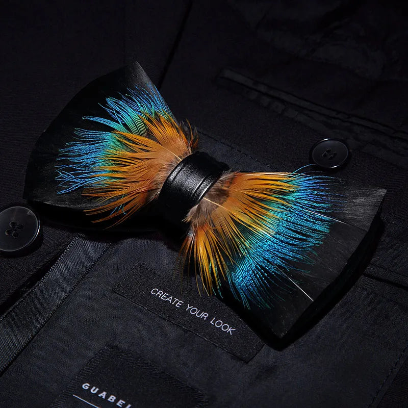 KAMBERFT Designer Brand Handmade Feather and Leather Pre-Tied Bow Tie and Brooch Sets for Men Wedding Party Best Cravate