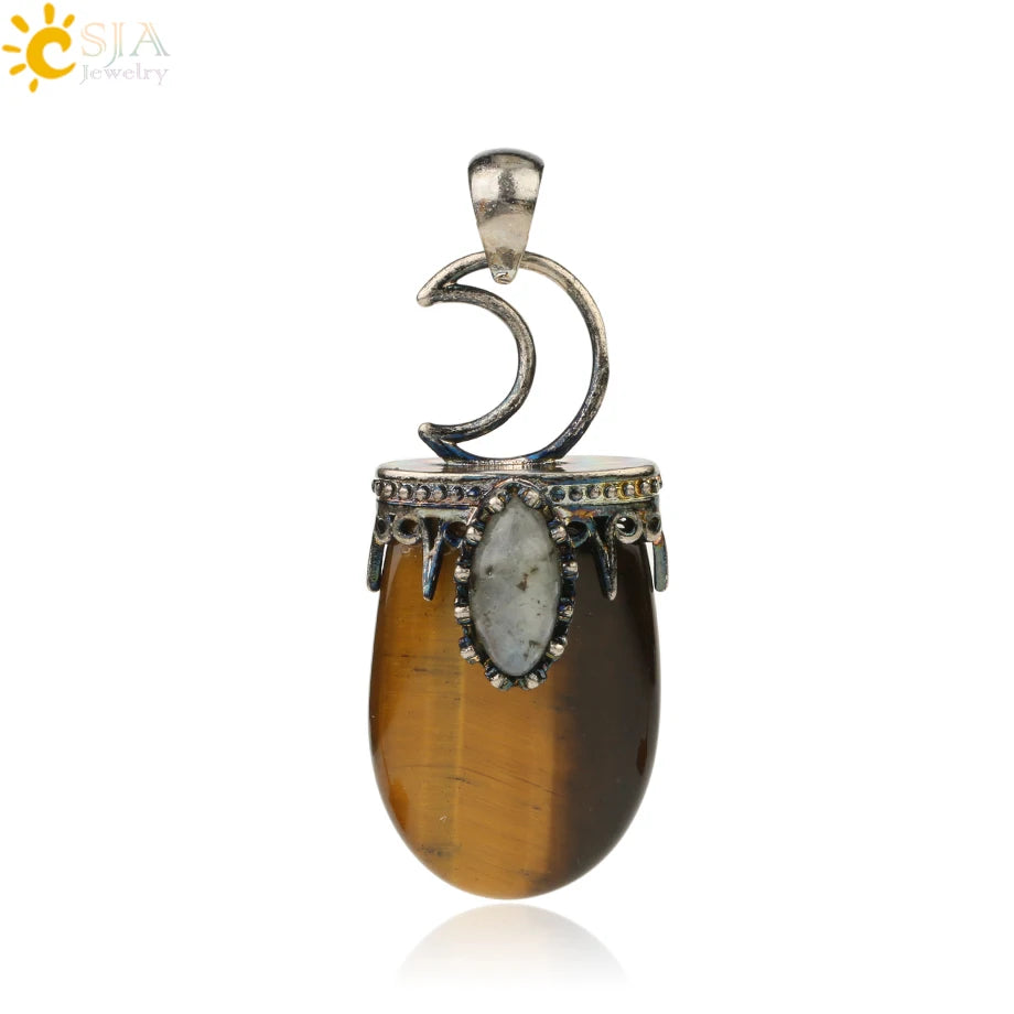 CSJA Natural Stone Crystal Pendants Necklace Antique Silver Color Purple Pink Quartz Necklace Jewelry Crown Moon Charm G274