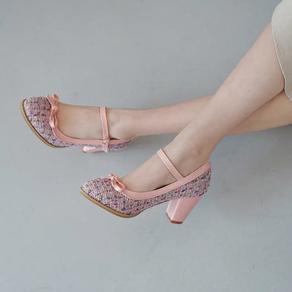 YMECHIC Spring Fashion 2022 Women Heels Glitter Bling Bowtie Lolita Mary Jane High Heel Shoes Pink Black Cute Womens Shoes Pumps