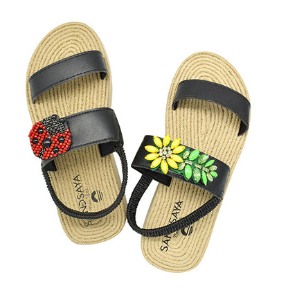 Ladybug and Daisy- Waterproof Espadrille Platform Wedge Sandals -Red and Yellow Embellished Motifs