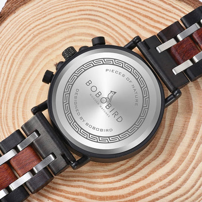 BOBO BIRD Wooden Watch Men Top Brand Luxury Stylish Chronograph Military Watches Wooden Box Logo Custom Great Reloj Hombre
