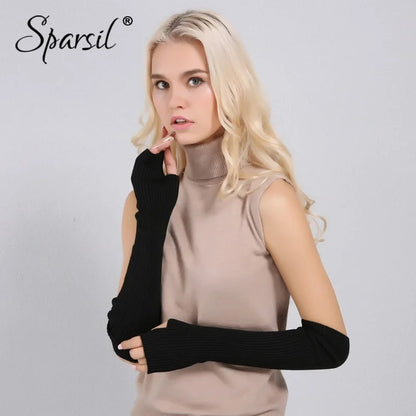 Sparsil Women Winter Arm Warmers Cashmere Fingerless Long Gloves Solid Warm Mittens Elbow Thread Knitted Sleeves 50cm Glove
