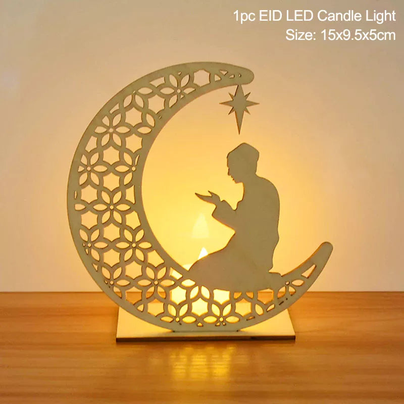 EID Mubarak Wooden Pendant With LED Candles Light Ramadan Decorations for Home Islamic Muslim Party Eid Decor Kareem Ramadan