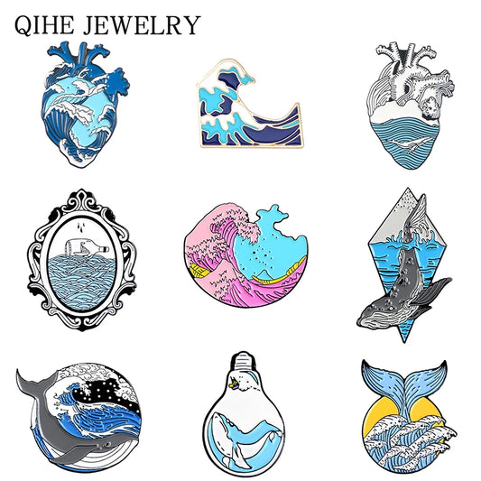Wave Pins Ocean Sea Wave Brooches Organ Heart Light Bulb Whale Sun Creative Badges Blue Wave Enamel Pin Collection