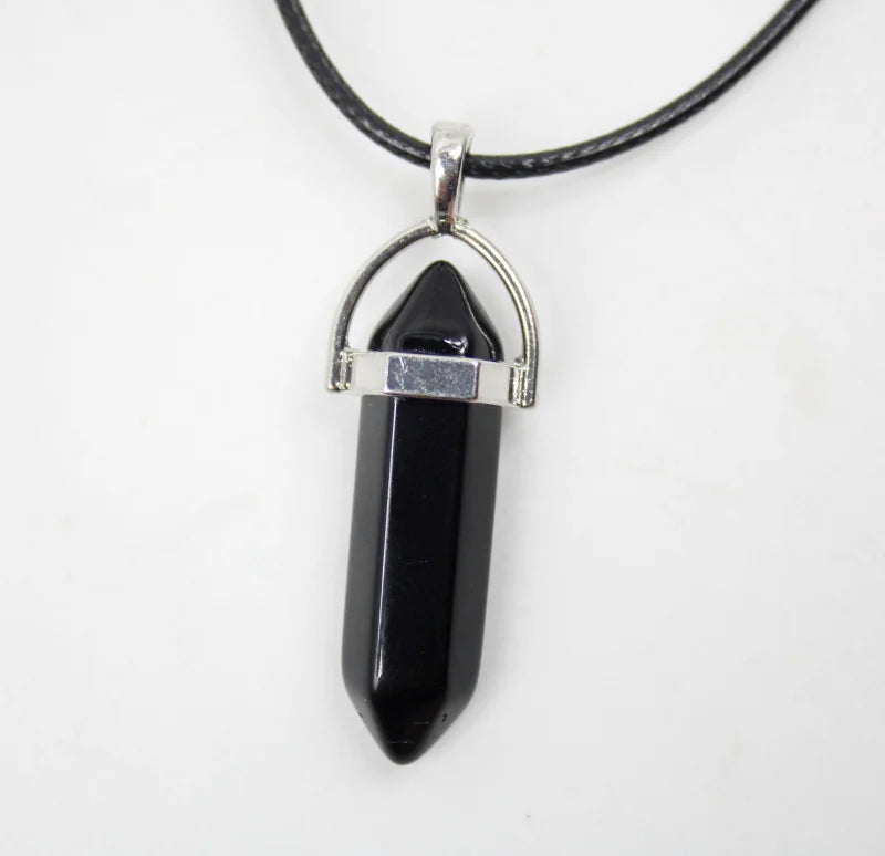 1PCS Natural Stone Quartz Crystal Opal Agates Hexagonal Column Pendulum Pendant Leather Chains Necklace Fashion Charms Pendant