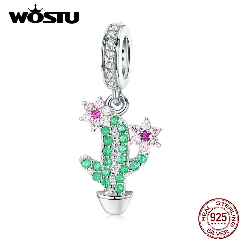 WOSTU New Fashion 925 Sterling Silver Cactus & Flower Beads Green Zircon Fit Original Bracelet Pendant Charms DIY Jewelry CTC121