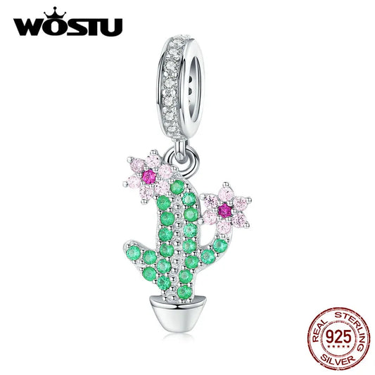 WOSTU New Fashion 925 Sterling Silver Cactus & Flower Beads Green Zircon Fit Original Bracelet Pendant Charms DIY Jewelry CTC121