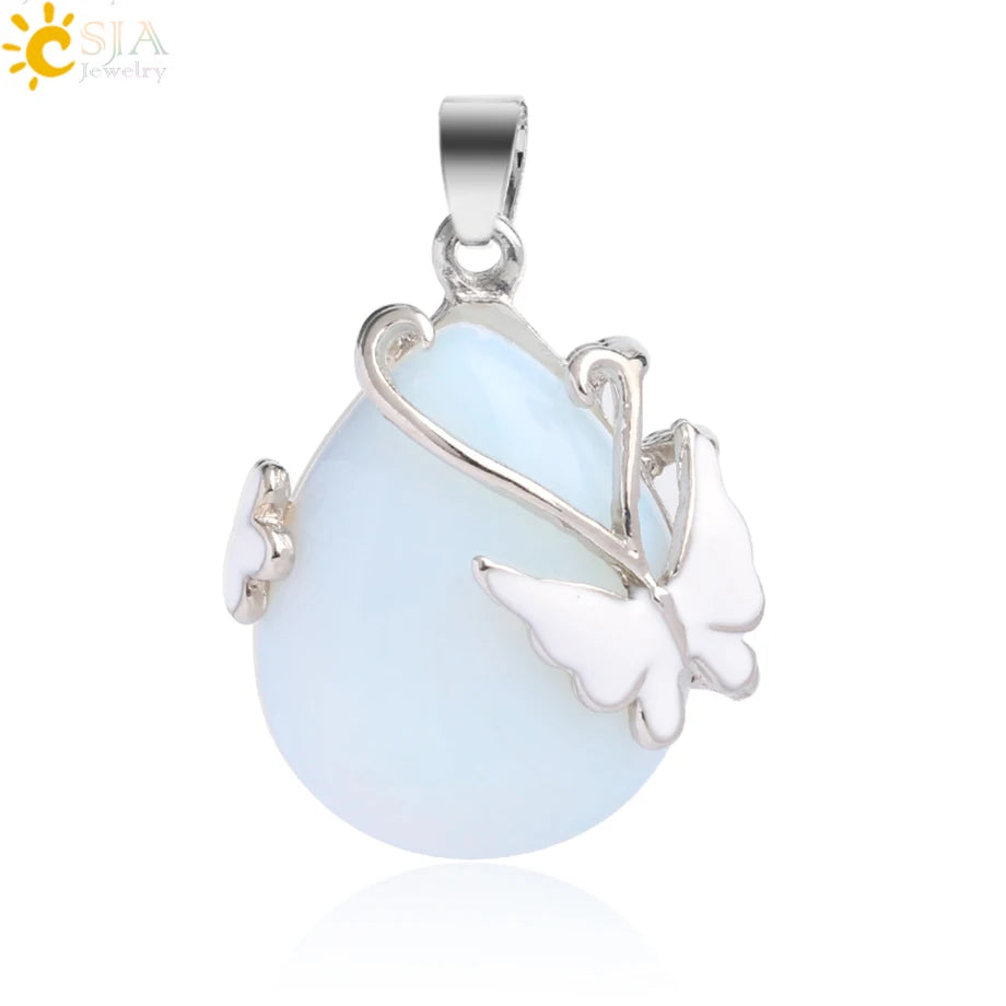 CSJA Water Drop Natural Stone Pendant Butterfly Necklace Pink Quartz Purple Crystal Tiger Eye Flower Necklace for Women Men G082