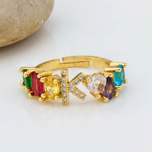 Adjustable A-Z Initial Ring Bohemian Copper Zircon  Rainbow Letter Rings for Women Girls Party Wedding Jewelry