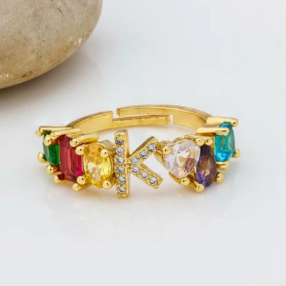 Adjustable A-Z Initial Ring Bohemian Copper Zircon  Rainbow Letter Rings for Women Girls Party Wedding Jewelry
