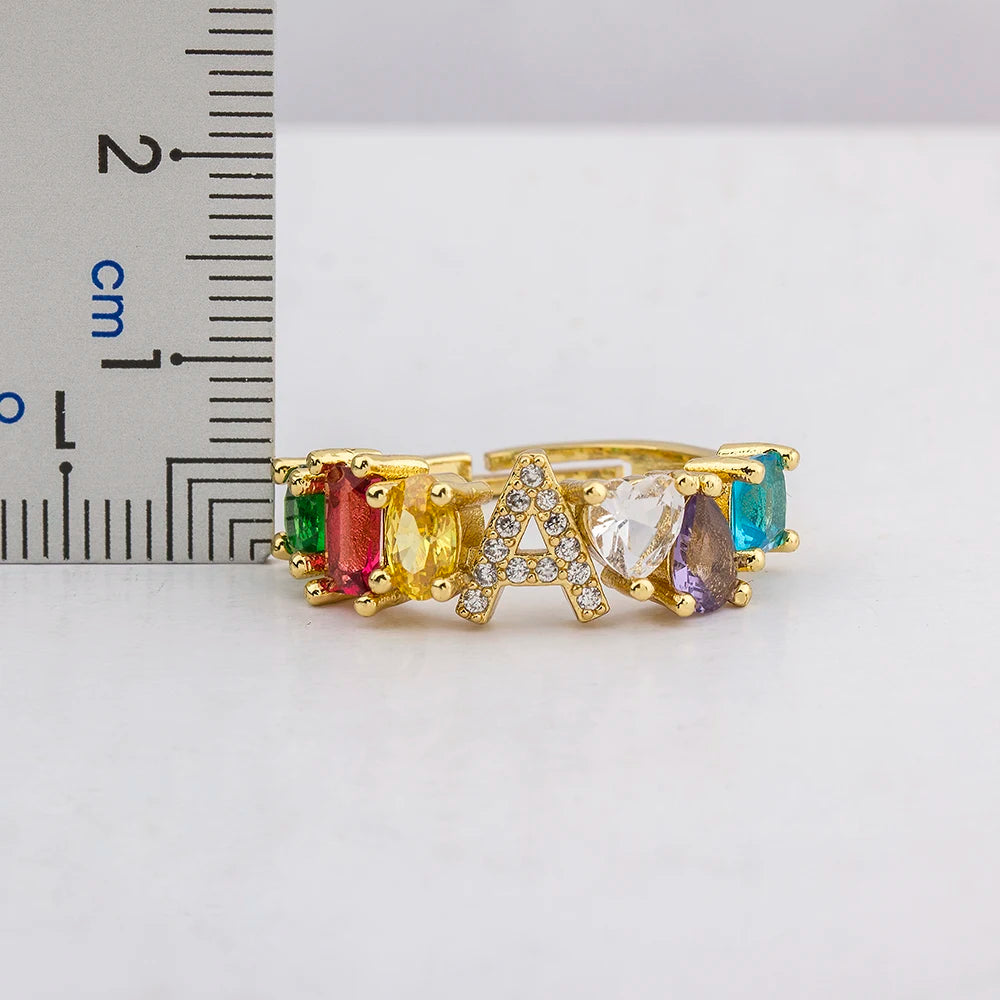 Adjustable A-Z Initial Ring Bohemian Copper Zircon  Rainbow Letter Rings for Women Girls Party Wedding Jewelry