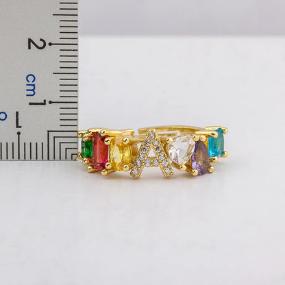 Adjustable A-Z Initial Ring Bohemian Copper Zircon  Rainbow Letter Rings for Women Girls Party Wedding Jewelry