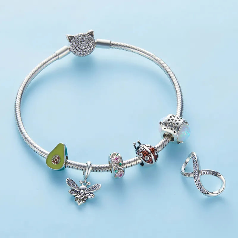 WOSTU 925 Sterling Silver Animal Cat Charm Pendant Heart Family Ladybug Bee Beads Fit Original Bracelet DIY Jewelry for Women