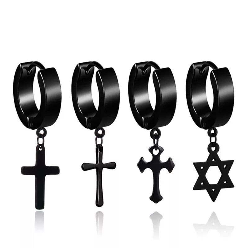 1 Piece Men Cross Stars Pendant Punk Round Cartilage Stainless Steel Earring for Men Piercing Stud Earrings for Women
