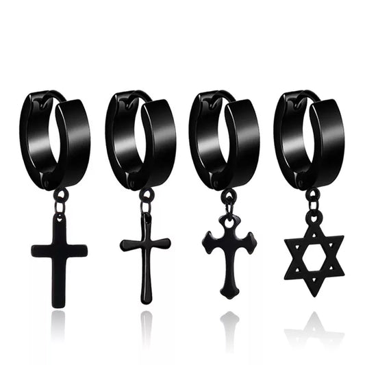 1 Piece Men Cross Stars Pendant Punk Round Cartilage Stainless Steel Earring for Men Piercing Stud Earrings for Women