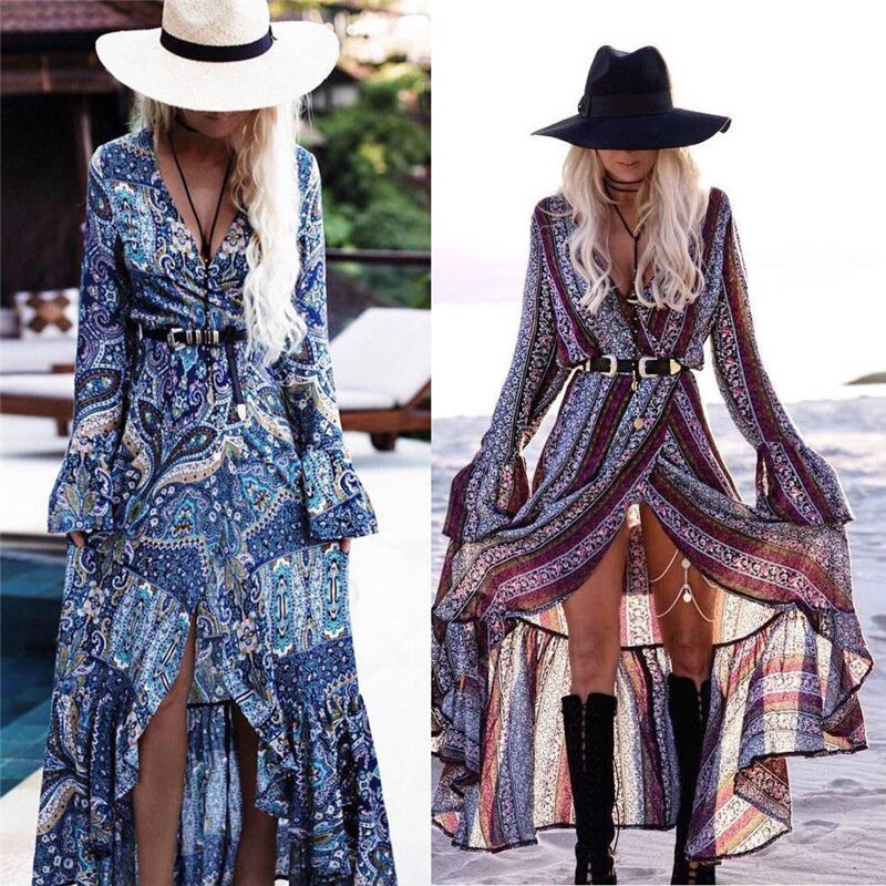 Women Summer Dress Boho Style Women Long Maxi Evening Party Dress Vintage Floral v Neck High Split Beach Dresses Su