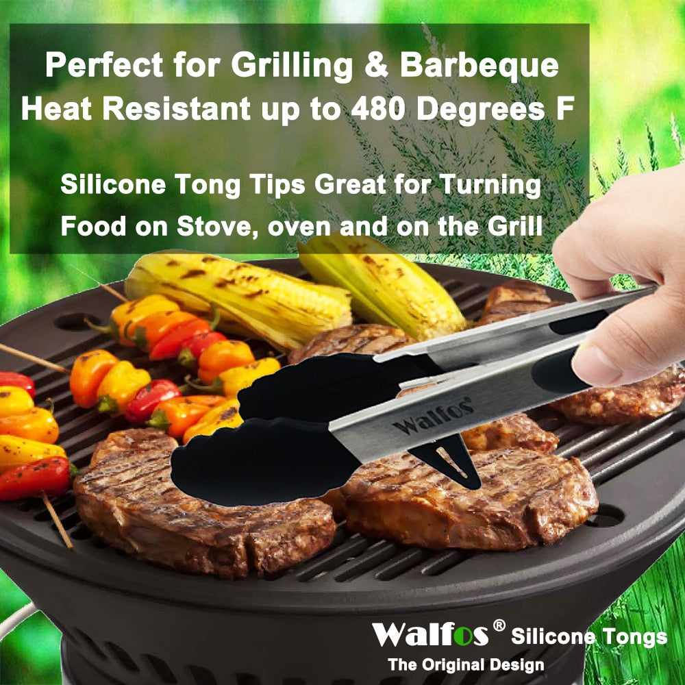 WALFOS  22 CM and 30CM Food Grade 100% Silicone Food Tong Kitchen Tongs Utensil Cooking Tong Clip Clamp Salad Serving BBQ Tools
