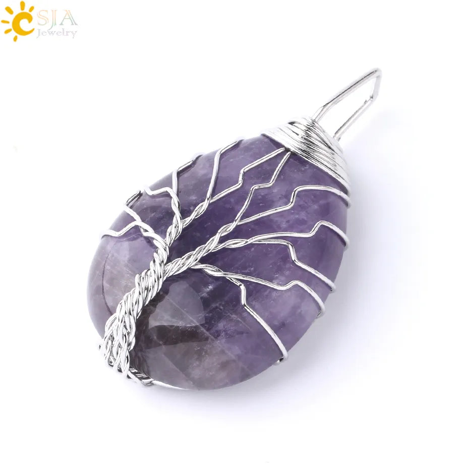 Tiger Eye Tree of Life Crystal Necklace Natural Stone Pendant Wire Wrap Rose Crystals Pink Quartz Amethyst Green Aventurine E585