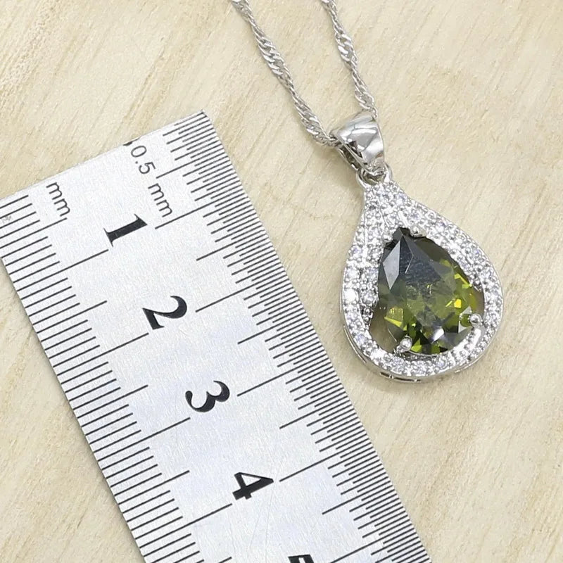 New Green Peridot Zircon Silver 925 Jewelry Set Women Bracelet Earrings Necklace Pendant Ring Birthday