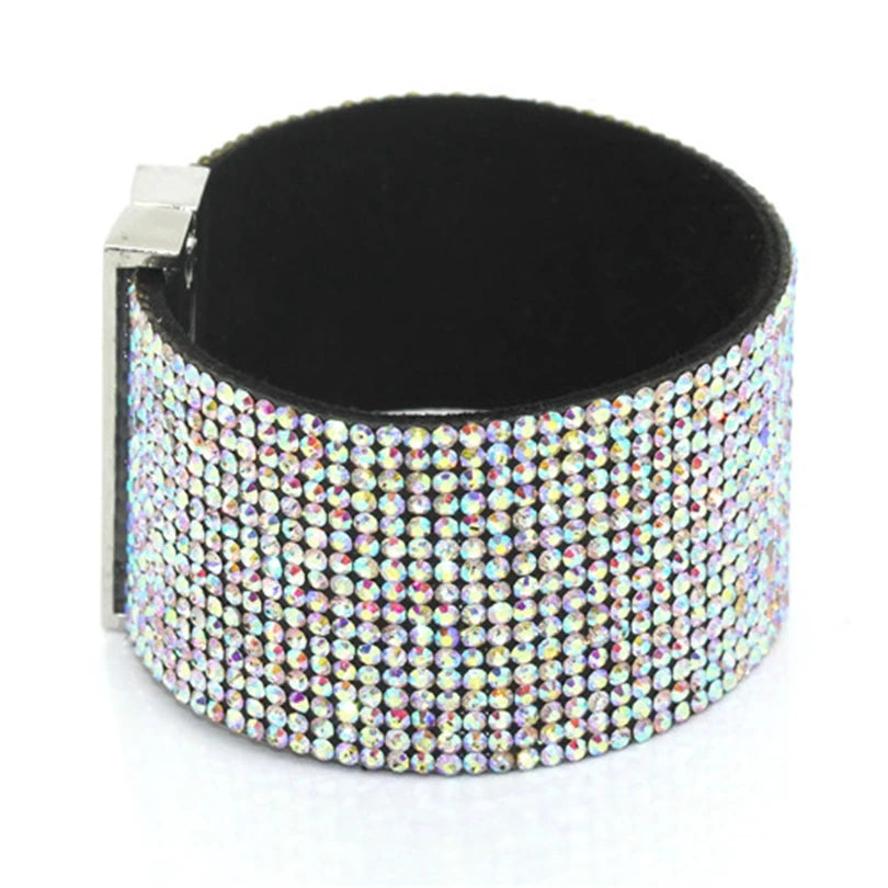 XQNI New Fashion High Quality Handmade Crystal Leather Bracelet for Men Women Trendy Black Rhinestone Classic Charm Bracelet.
