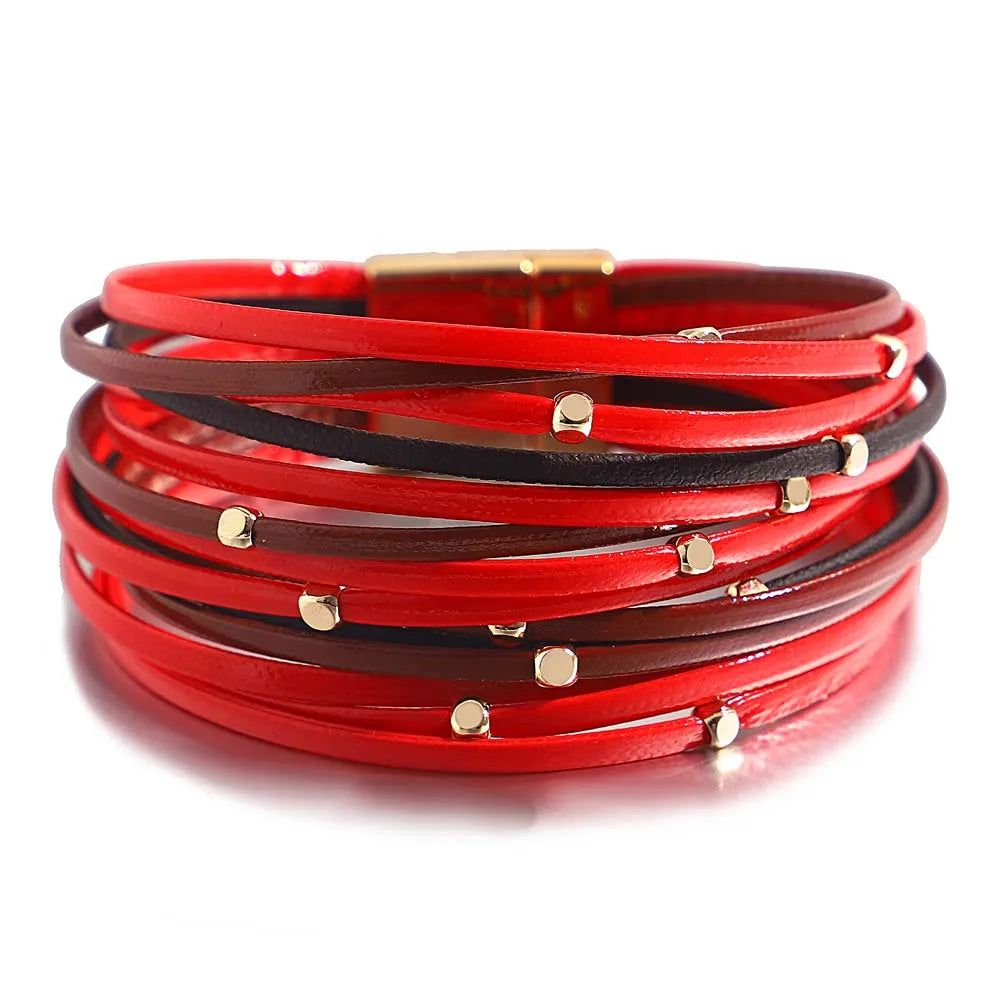 ALLYES Metal Beads Leather Bracelets for Women 2023 Slim Strips Boho Multilayer Wide Wrap Bracelet Femme Jewelry