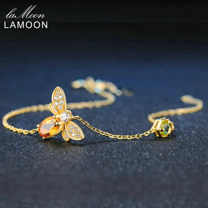 LAMOON Bee Bracelet for Woman Citrine Gemstones Bracelets 925 Sterling Silve 14K Gold Plated Designer Jewelry for Lover LMHI002