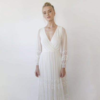 Bestseller Ivory Wrap Lace Wedding Dress With Chiffon Mesh Sleeves #1352
