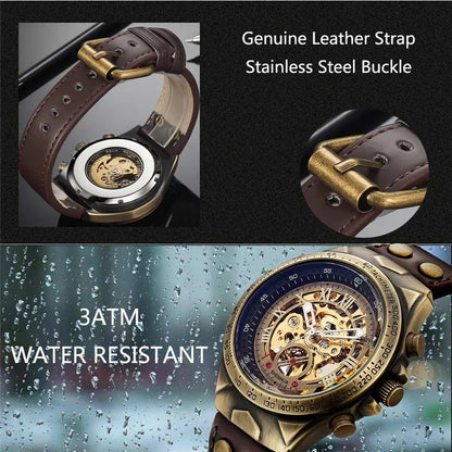 Men Watch Skeleton Automatic Mechanical Male Clock Top Brand Luxury Retro Bronze Sport Military Wristwatch Relogio Masculino