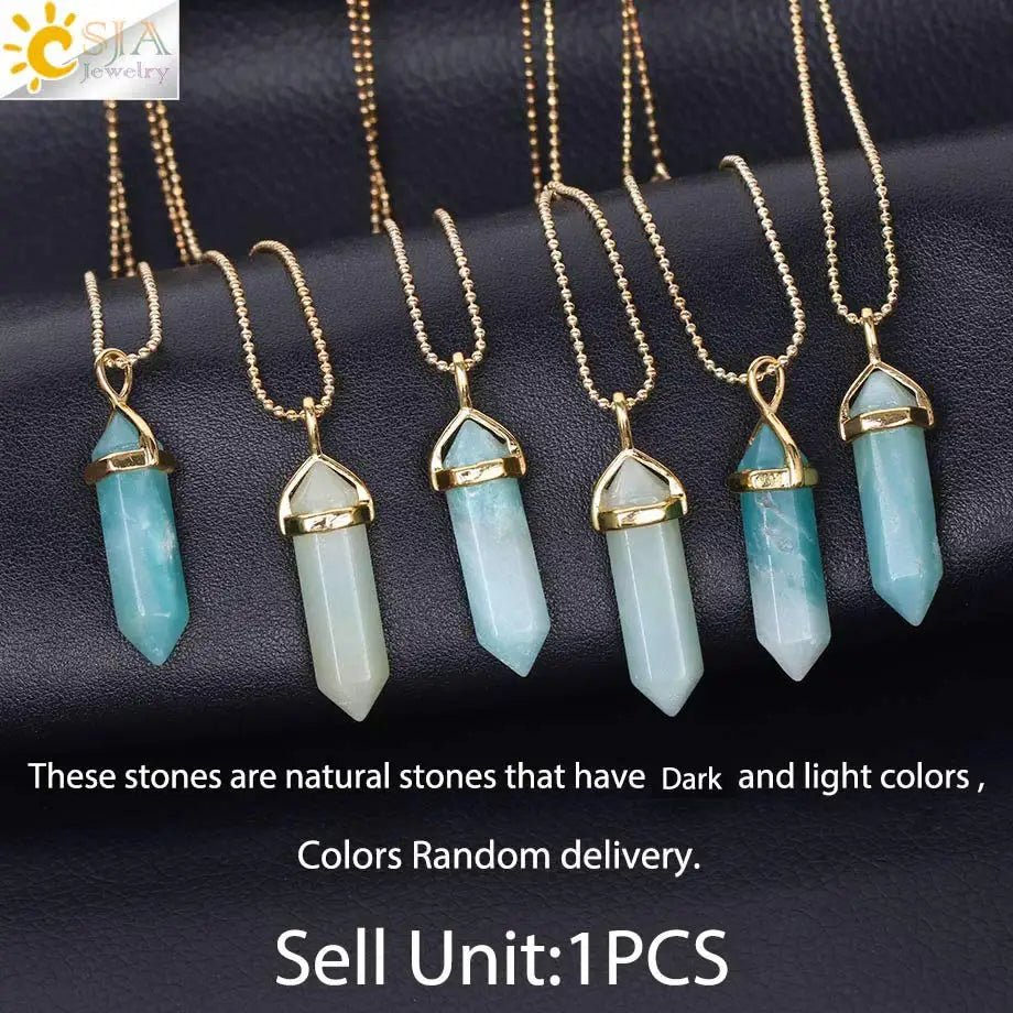 CSJA Hexagonal Column Necklaces Natural Stone Amazonite Pendant Two Sharp Angle Quartz Beads for Women Men Jewelry F185