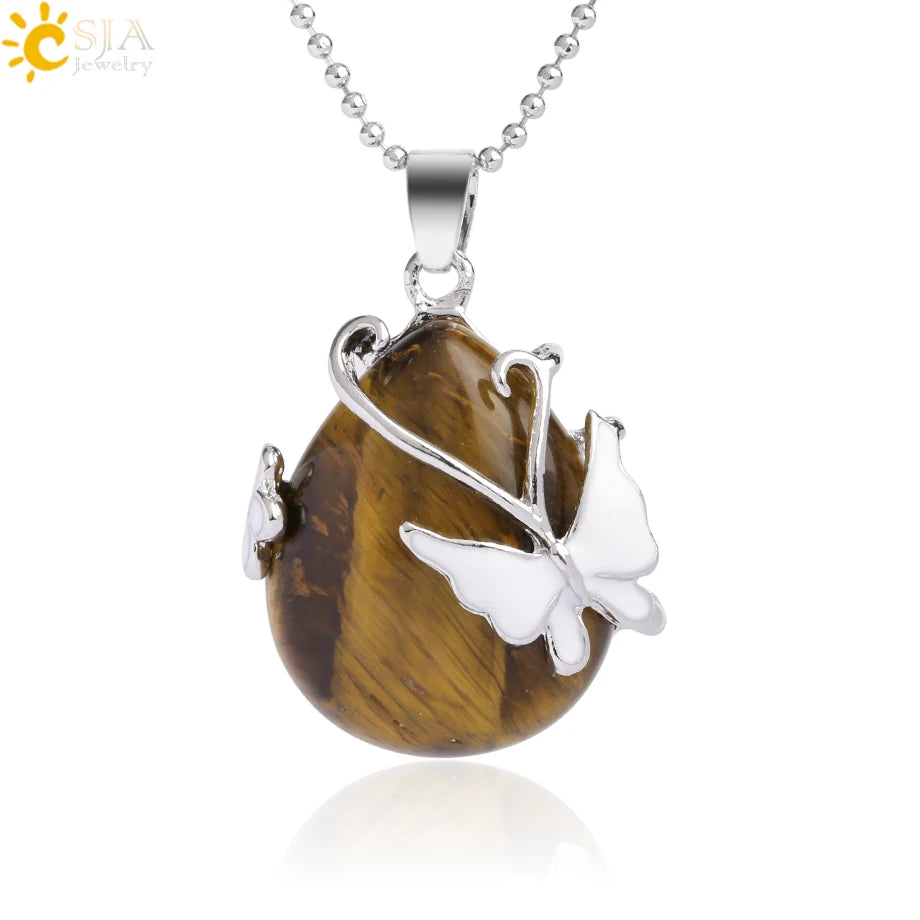 CSJA Water Drop Natural Stone Pendant Butterfly Necklace Pink Quartz Purple Crystal Tiger Eye Flower Necklace for Women Men G082
