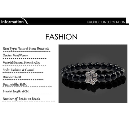 Natural Matte Black Lava Volcanic Stone Paw Print Charm Bracelet Homme Femme Pet Memorial Cat Dog Lovers Jewelry Bracelets