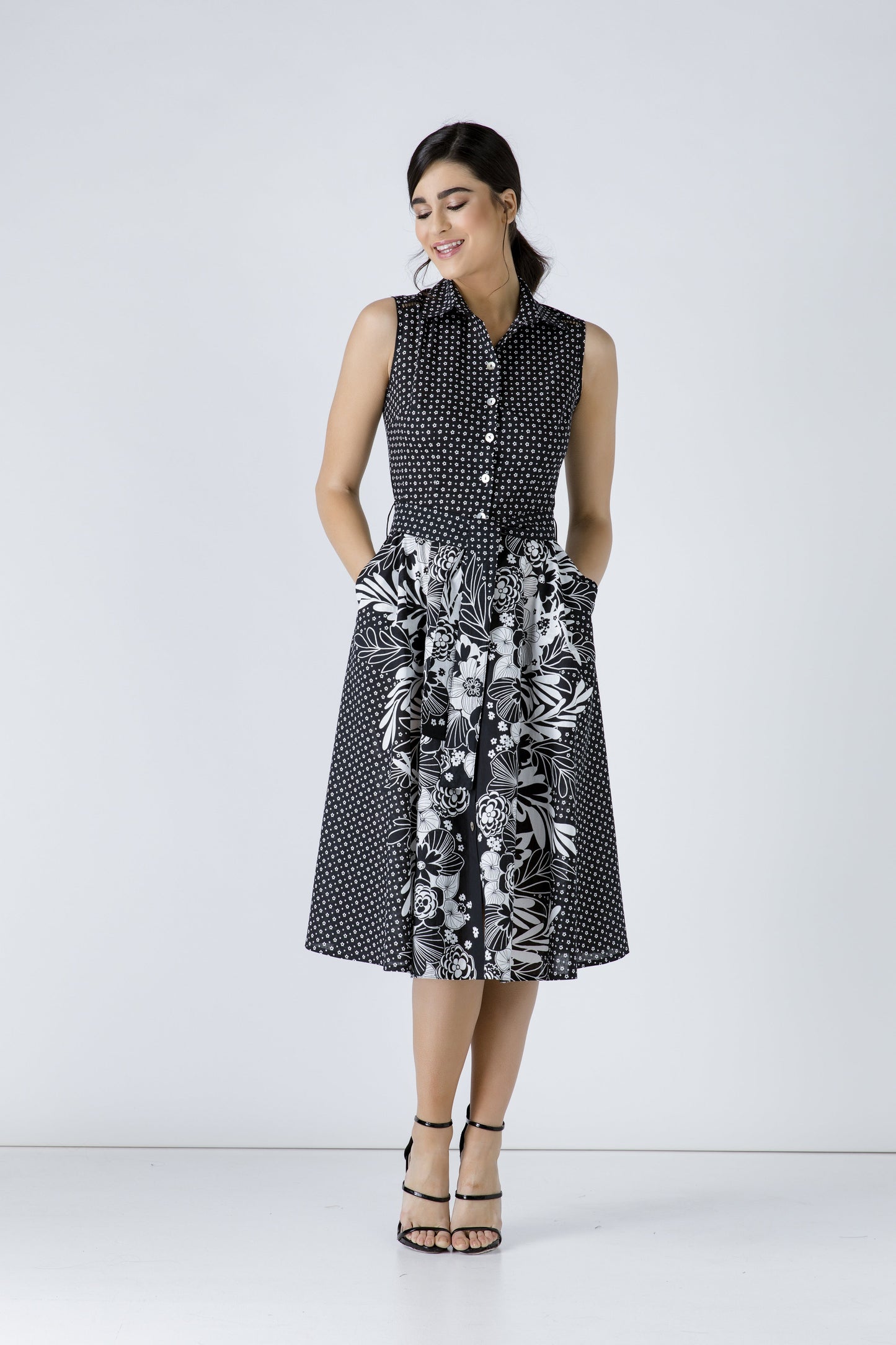 Button Detail Black Print Dress