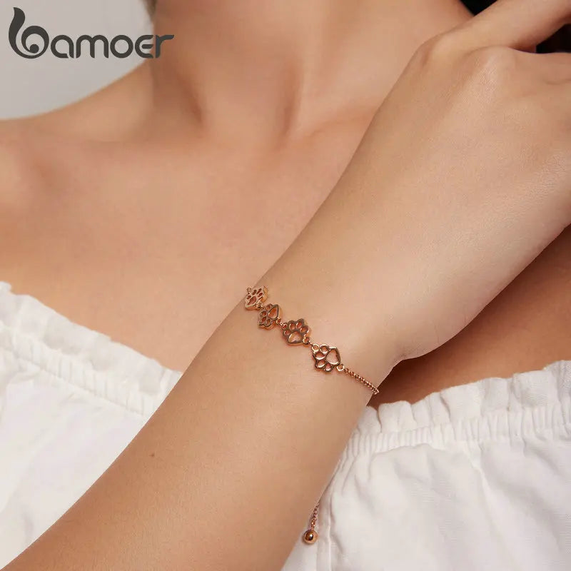 Bamoer 925 Sterling Silver Cute Pet Footprints Bracelet Cat Paw Adjustable Chain Bracelet for Women Birthday